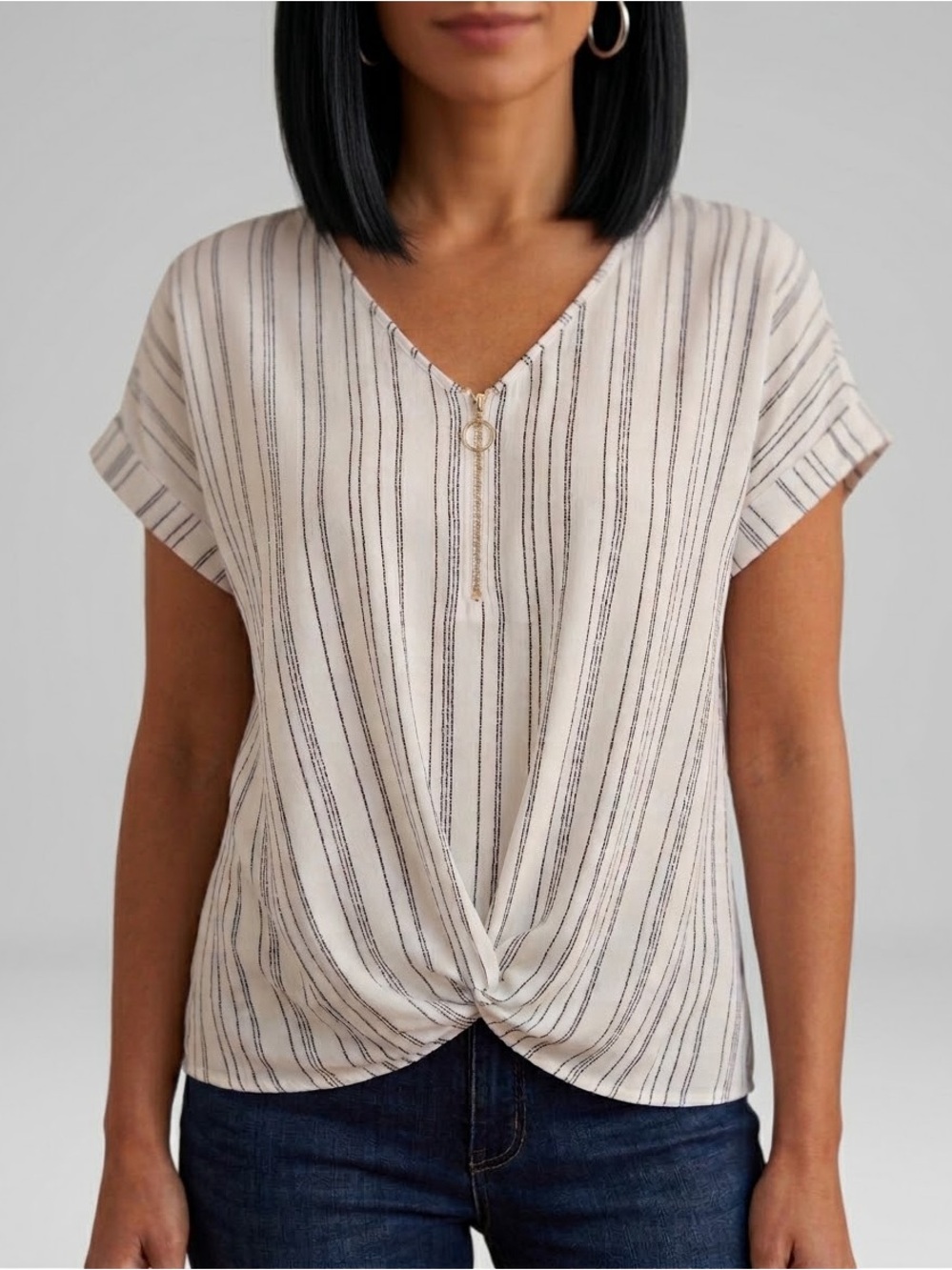 A.U.W. Lainya Black & White Striped O-Ring Zip Front Twist Hem Top Size 3x